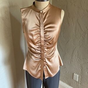 Theory Button-Front Ruched Fitted Stretch-Satin Top, sz M, like new